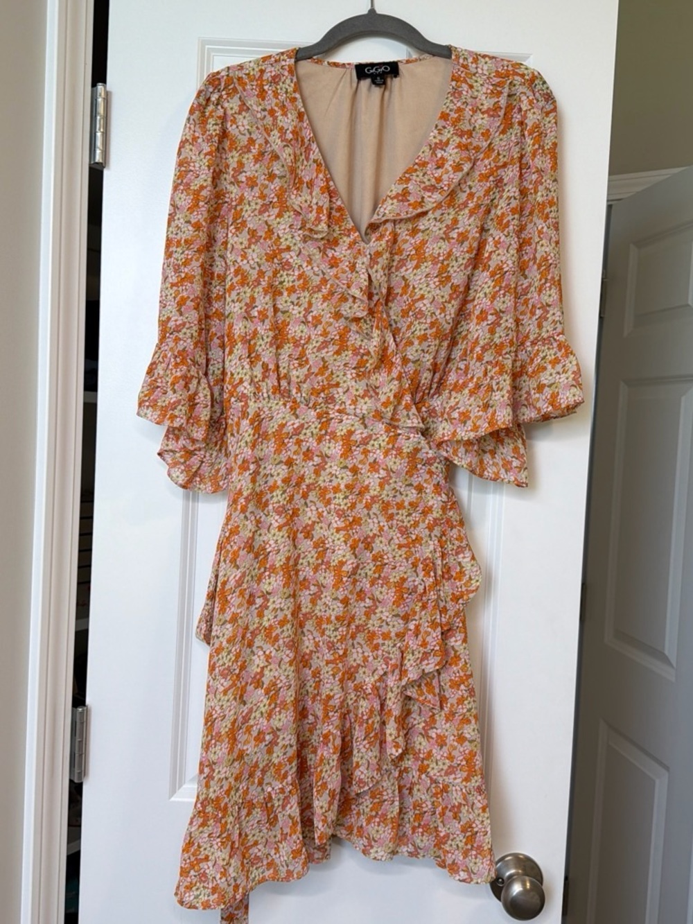 Floral Ruffle Wrap Dress in Peach Multi